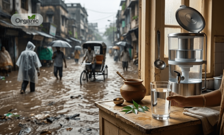 Waterborne diseases मानसून जागरूकता – बाढ़ वाली सड़क की पृष्ठभूमि में साफ फिल्टर किए गए पानी का गिलास, स्वच्छ जल और बचाव का प्रतीक