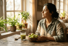 Fresh amla (Indian gooseberries) in a wooden bowl with amla juice, representing Amla health benefits for eye care and wellness