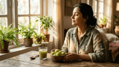 Fresh amla (Indian gooseberries) in a wooden bowl with amla juice, representing Amla health benefits for eye care and wellness