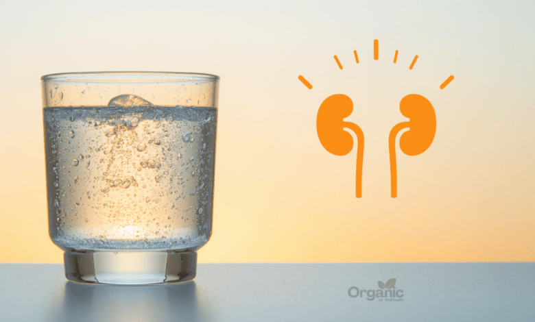 गर्मी और डिहाइड्रेशन से किडनी (Kidney) को खतरा दर्शाती इमेज — पानी का गिलास और किडनी आइकन