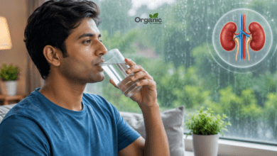 व्यक्ति बारिश के मौसम में घर के अंदर पानी पीते हुए, Monsoon Kidney Care को दर्शाता चित्र