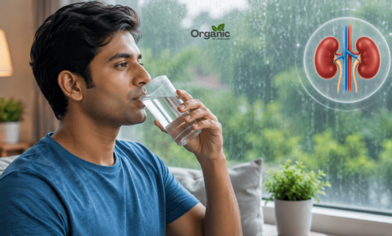 व्यक्ति बारिश के मौसम में घर के अंदर पानी पीते हुए, Monsoon Kidney Care को दर्शाता चित्र
