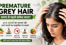 Premature grey hair से परेशान महिला और सफेद बाल रोकने के लिए 5 स्वस्थ आदतों का इन्फोग्राफिक।