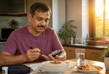 Morning blood sugar check with a glucometer at home