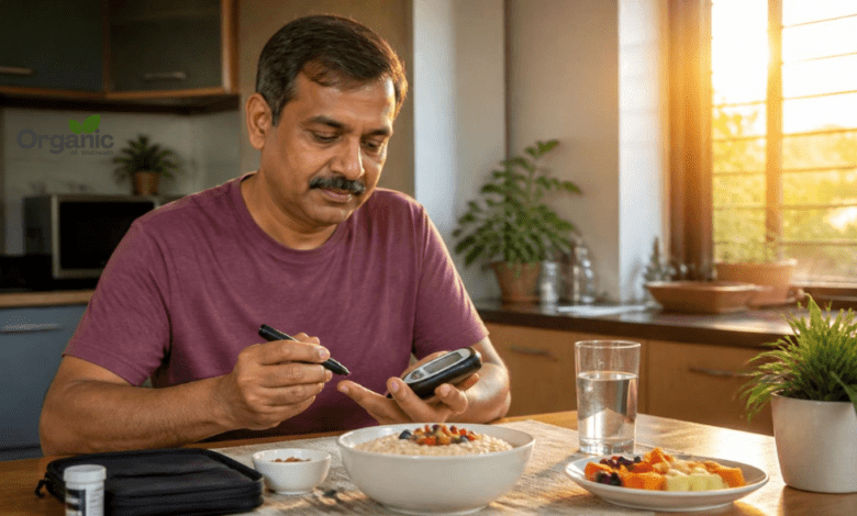 Morning blood sugar check with a glucometer at home