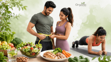 Belly Fat कम करने के लिए संतुलित आहार, वॉक और एक्सरसाइज अपनाता व्यक्ति।