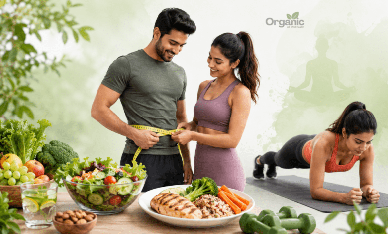 Belly Fat कम करने के लिए संतुलित आहार, वॉक और एक्सरसाइज अपनाता व्यक्ति।