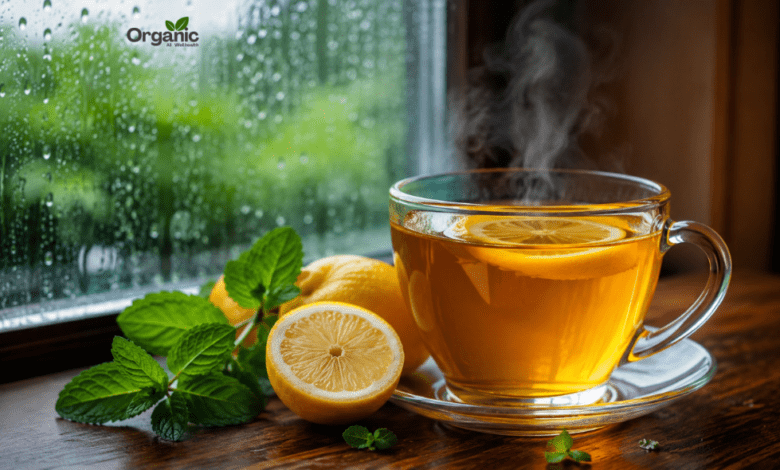 Warm cup of lemon tea with fresh lemon slices near a rainy window, monsoon health drink