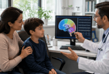 Pediatric neurologist explaining Epilepsy in Children to a mother and child using a brain diagram.