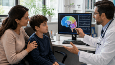 Pediatric neurologist explaining Epilepsy in Children to a mother and child using a brain diagram.