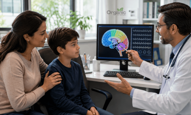 Pediatric neurologist explaining Epilepsy in Children to a mother and child using a brain diagram.