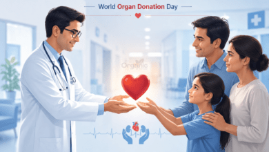 World Organ Donation Day 2026 पर अंगदान और जीवनदान को दर्शाता हेल्थकेयर इलस्ट्रेशन