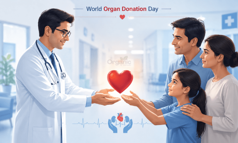 World Organ Donation Day 2026 पर अंगदान और जीवनदान को दर्शाता हेल्थकेयर इलस्ट्रेशन
