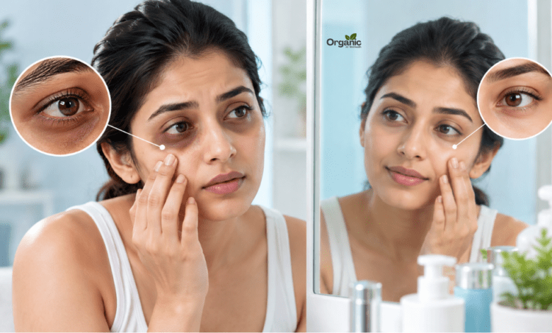 Dark Circles Under Eyes से परेशान भारतीय महिला अपनी आंखों के नीचे काले घेरों को देखते हुए