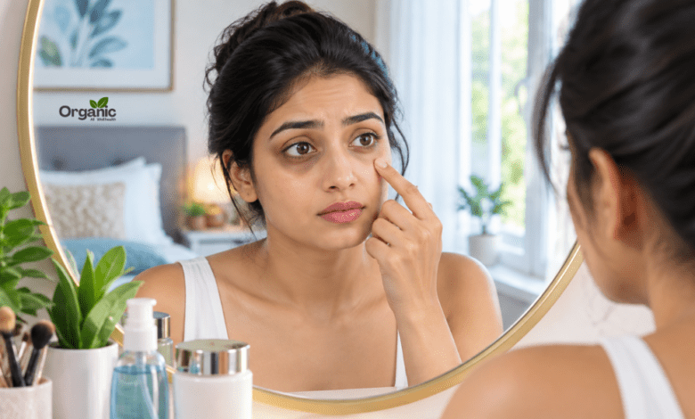 Dark circles से परेशान भारतीय महिला आईने में आंखों के नीचे काले घेरे देखते हुए