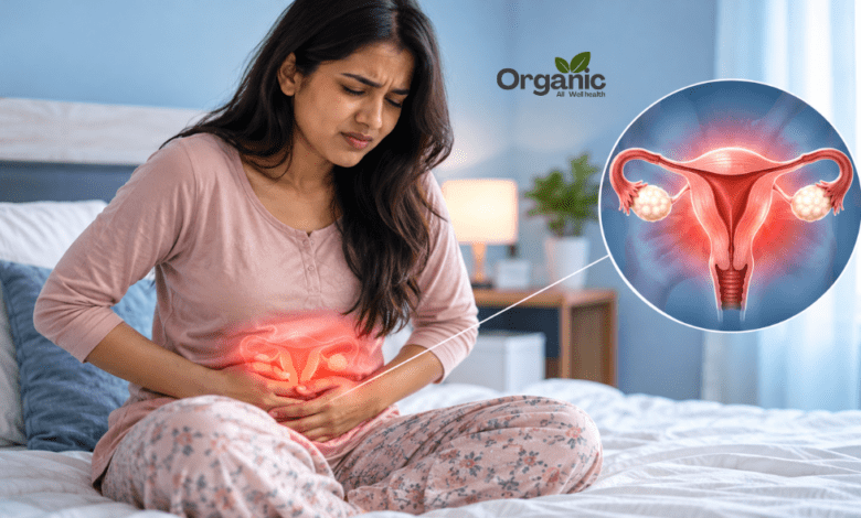 Dysmenorrhea के कारण पीरियड्स के दौरान पेट में दर्द महसूस करती हुई भारतीय महिला