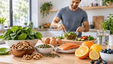 Fertility Nutrition for Men के लिए अखरोट, पालक, सैल्मन, अंडे और सिट्रस फलों से भरपूर हेल्दी डाइट।