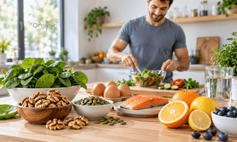 Fertility Nutrition for Men के लिए अखरोट, पालक, सैल्मन, अंडे और सिट्रस फलों से भरपूर हेल्दी डाइट।