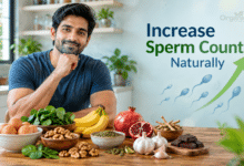 Sperm Count Increase के लिए अंडे, अखरोट, पालक, अनार और अन्य पोषक खाद्य पदार्थों के साथ स्वस्थ पुरुष।