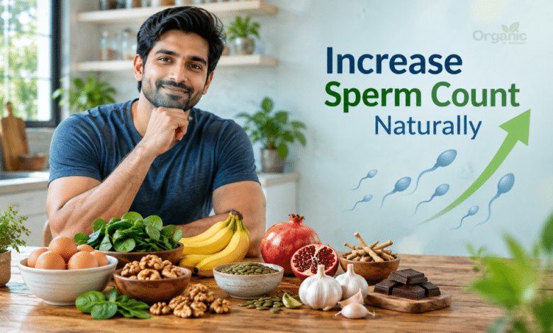 Sperm Count Increase के लिए अंडे, अखरोट, पालक, अनार और अन्य पोषक खाद्य पदार्थों के साथ स्वस्थ पुरुष।