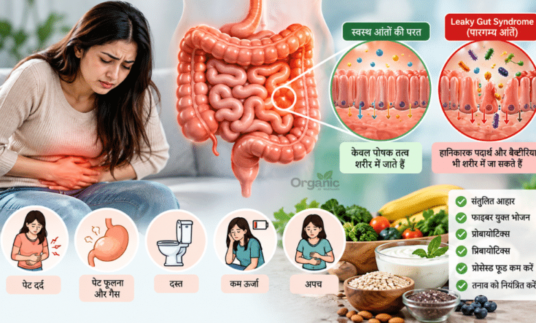 Leaky Gut Syndrome और intestinal permeability को दर्शाता आंतों का स्वास्थ्य चित्र