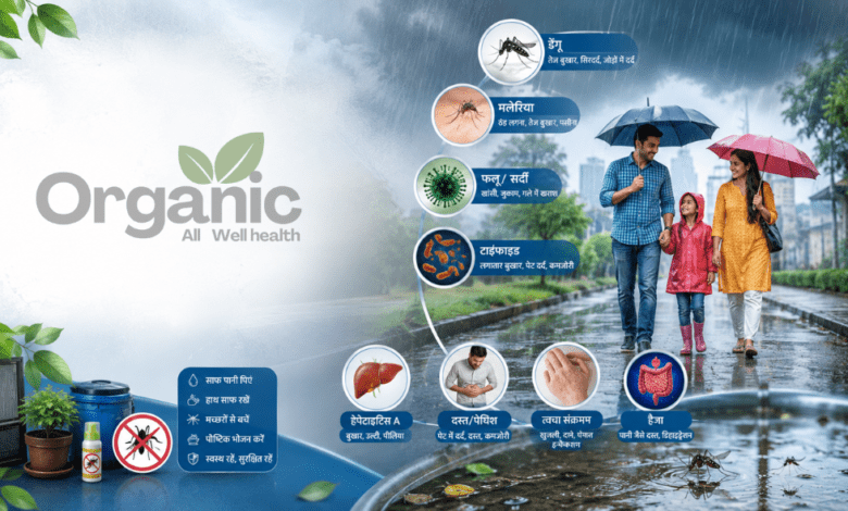 Monsoon के दौरान होने वाली 10 आम बीमारियों और उनके बचाव को दर्शाता स्वास्थ्य जागरूकता चित्र।