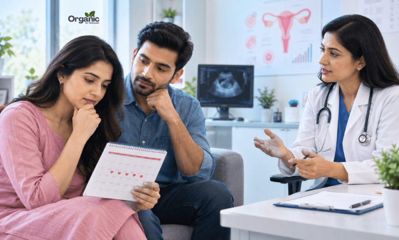Regular periods होने के बावजूद गर्भधारण में कठिनाई महसूस कर रही महिला और फर्टिलिटी विशेषज्ञ का परामर्श।