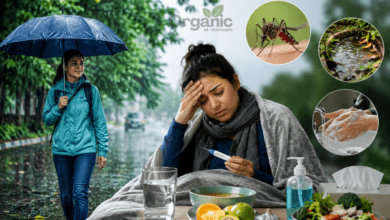 Sick After Summer Rain के दौरान बारिश के बाद बुखार और मौसमी संक्रमण से बचाव दर्शाता स्वास्थ्य दृश्य।