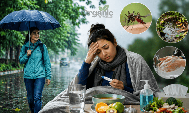 Sick After Summer Rain के दौरान बारिश के बाद बुखार और मौसमी संक्रमण से बचाव दर्शाता स्वास्थ्य दृश्य।