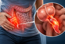 Appendicitis में सूजे हुए अपेंडिक्स का मेडिकल चित्र, जो पेट के निचले दाहिने हिस्से में इसकी स्थिति दिखाता है।