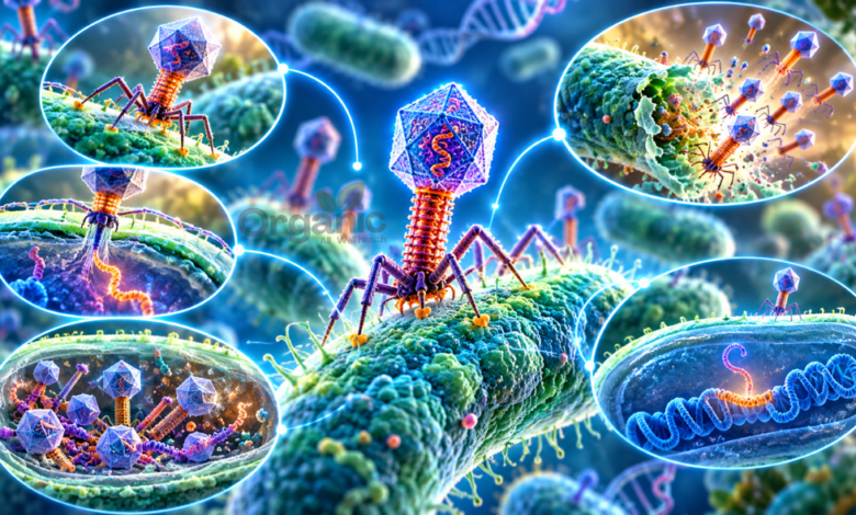Bacteriophages द्वारा बैक्टीरिया के लाइटिक और लाइसोजेनिक चक्र का चित्र