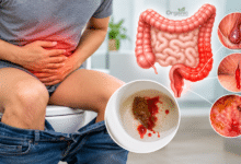 Blood in Stool यानी मल में खून आने के संभावित कारण और मानव पाचन तंत्र का मेडिकल चित्र।