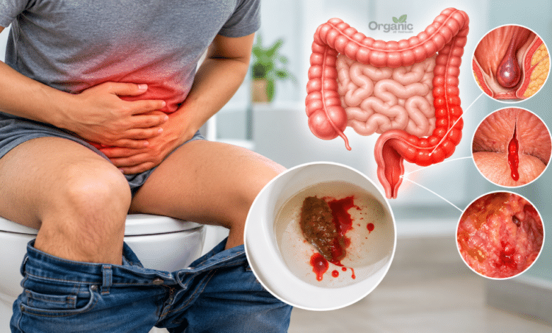 Blood in Stool यानी मल में खून आने के संभावित कारण और मानव पाचन तंत्र का मेडिकल चित्र।