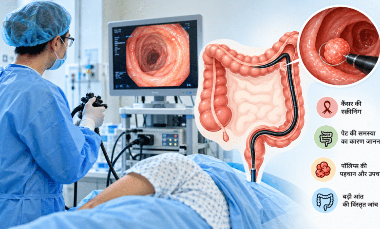 Colonoscopy प्रक्रिया में कैमरे वाली लचीली ट्यूब से बड़ी आंत की जांच करते डॉक्टर
