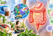 Fecal Transplant प्रक्रिया और आंत के माइक्रोबायोम का मेडिकल चित्रण