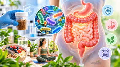 Fecal Transplant प्रक्रिया और आंत के माइक्रोबायोम का मेडिकल चित्रण