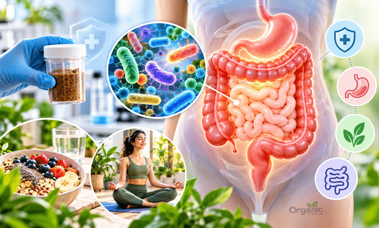 Fecal Transplant प्रक्रिया और आंत के माइक्रोबायोम का मेडिकल चित्रण