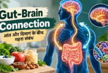 Gut-Brain Connection showing communication between the gut, gut microbiome, vagus nerve and brain