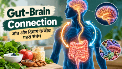 Gut-Brain Connection showing communication between the gut, gut microbiome, vagus nerve and brain
