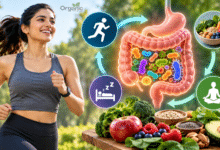 Gut Health और physical activity के बीच संबंध दिखाता स्वस्थ आंत microbiome illustration