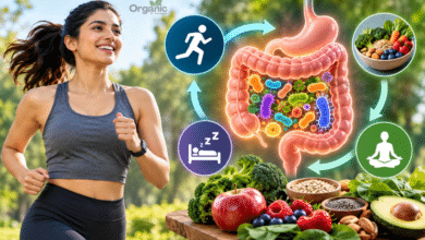 Gut Health और physical activity के बीच संबंध दिखाता स्वस्थ आंत microbiome illustration