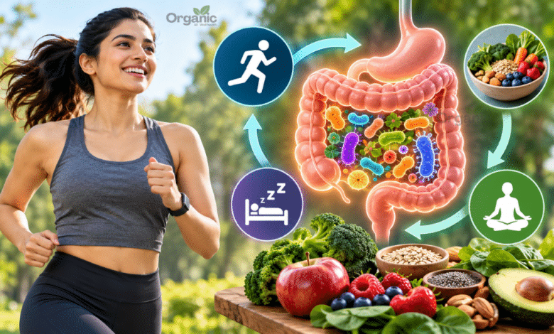 Gut Health और physical activity के बीच संबंध दिखाता स्वस्थ आंत microbiome illustration