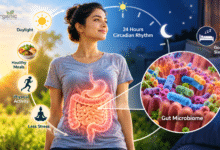 Gut Microbiome और Circadian Rhythm के बीच संबंध दर्शाता स्वास्थ्य चित्र