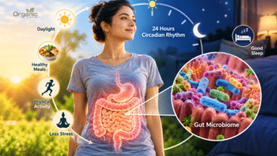Gut Microbiome और Circadian Rhythm के बीच संबंध दर्शाता स्वास्थ्य चित्र