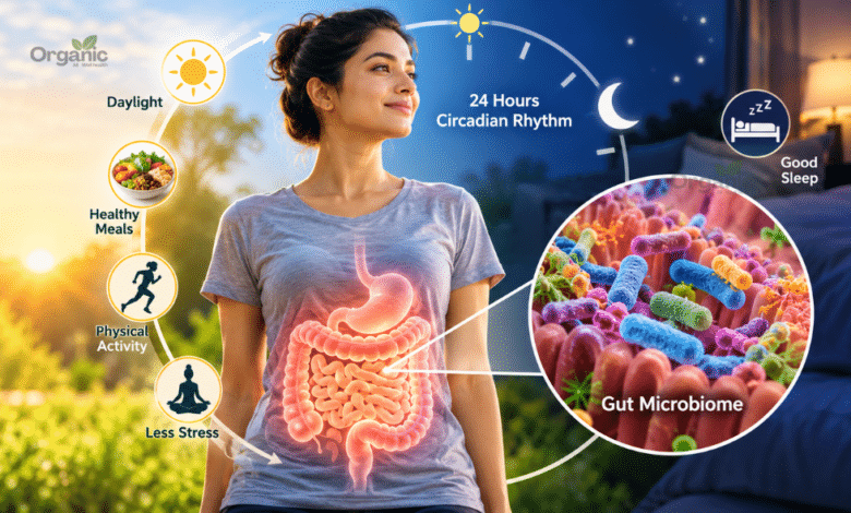 Gut Microbiome और Circadian Rhythm के बीच संबंध दर्शाता स्वास्थ्य चित्र