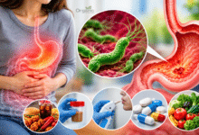 Helicobacter pylori बैक्टीरिया का चित्र जो पेट की अंदरूनी परत में संक्रमण और सूजन को दर्शाता है।