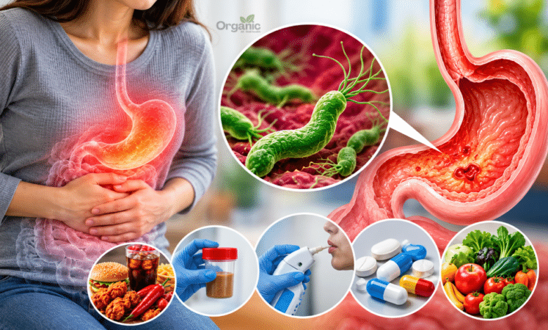 Helicobacter pylori बैक्टीरिया का चित्र जो पेट की अंदरूनी परत में संक्रमण और सूजन को दर्शाता है।