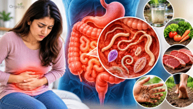 Intestinal Parasites क्या हैं, इनके लक्षण, कारण, इलाज और बचाव की जानकारी दर्शाती स्वास्थ्य इन्फोग्राफिक।