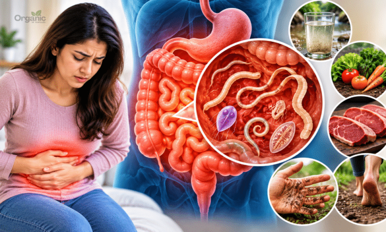 Intestinal Parasites क्या हैं, इनके लक्षण, कारण, इलाज और बचाव की जानकारी दर्शाती स्वास्थ्य इन्फोग्राफिक।