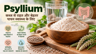 Psyllium husk powder with seeds and a glass of water for digestive health.